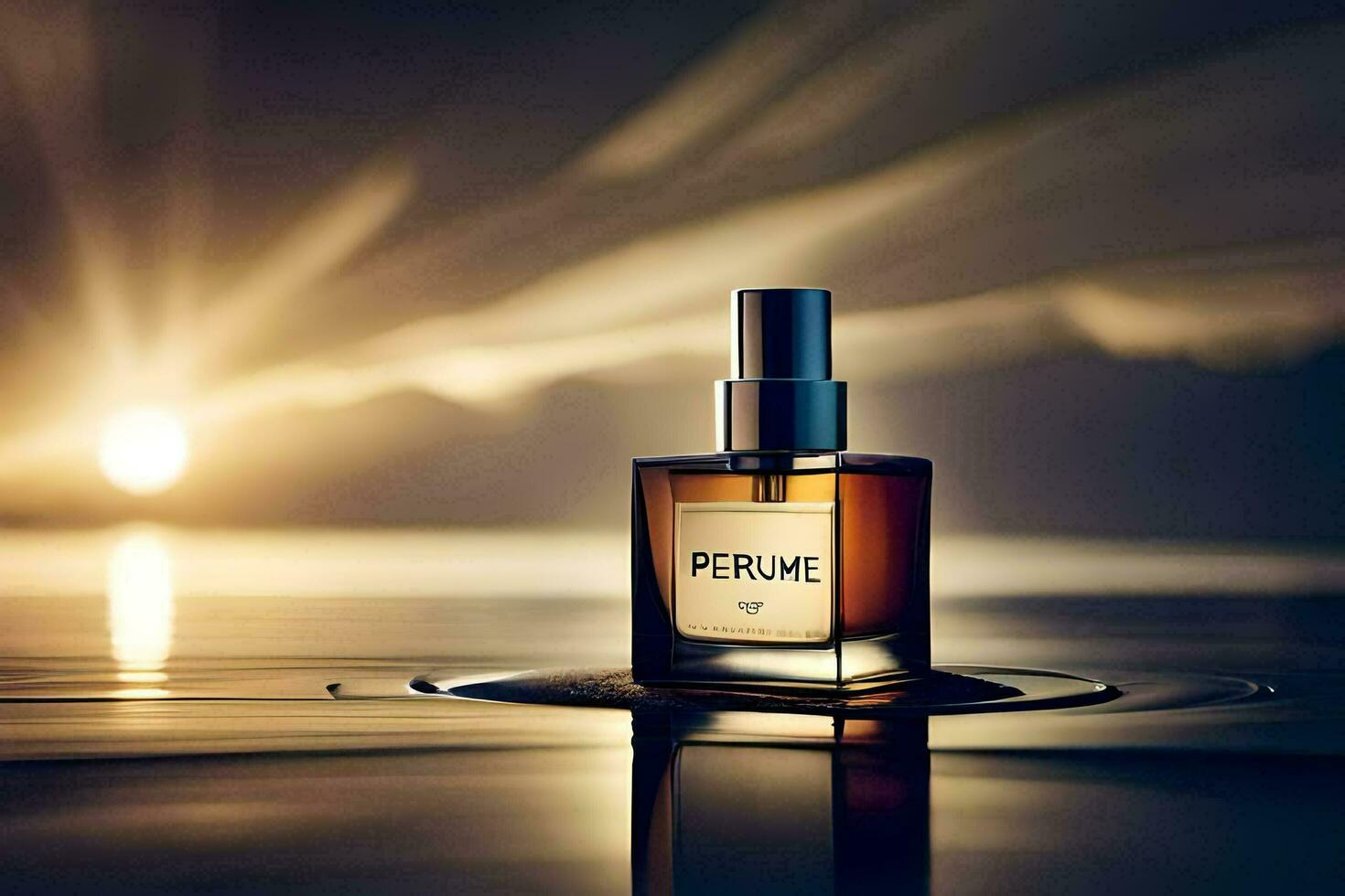 a bottle of perfume sitting on a surface with the sun shining. AI-Generated photo