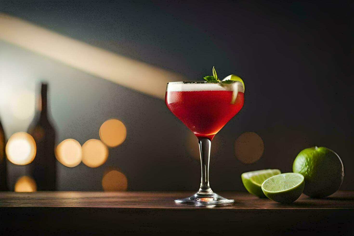 a red cocktail with lime and mint on a wooden table. AI-Generated photo