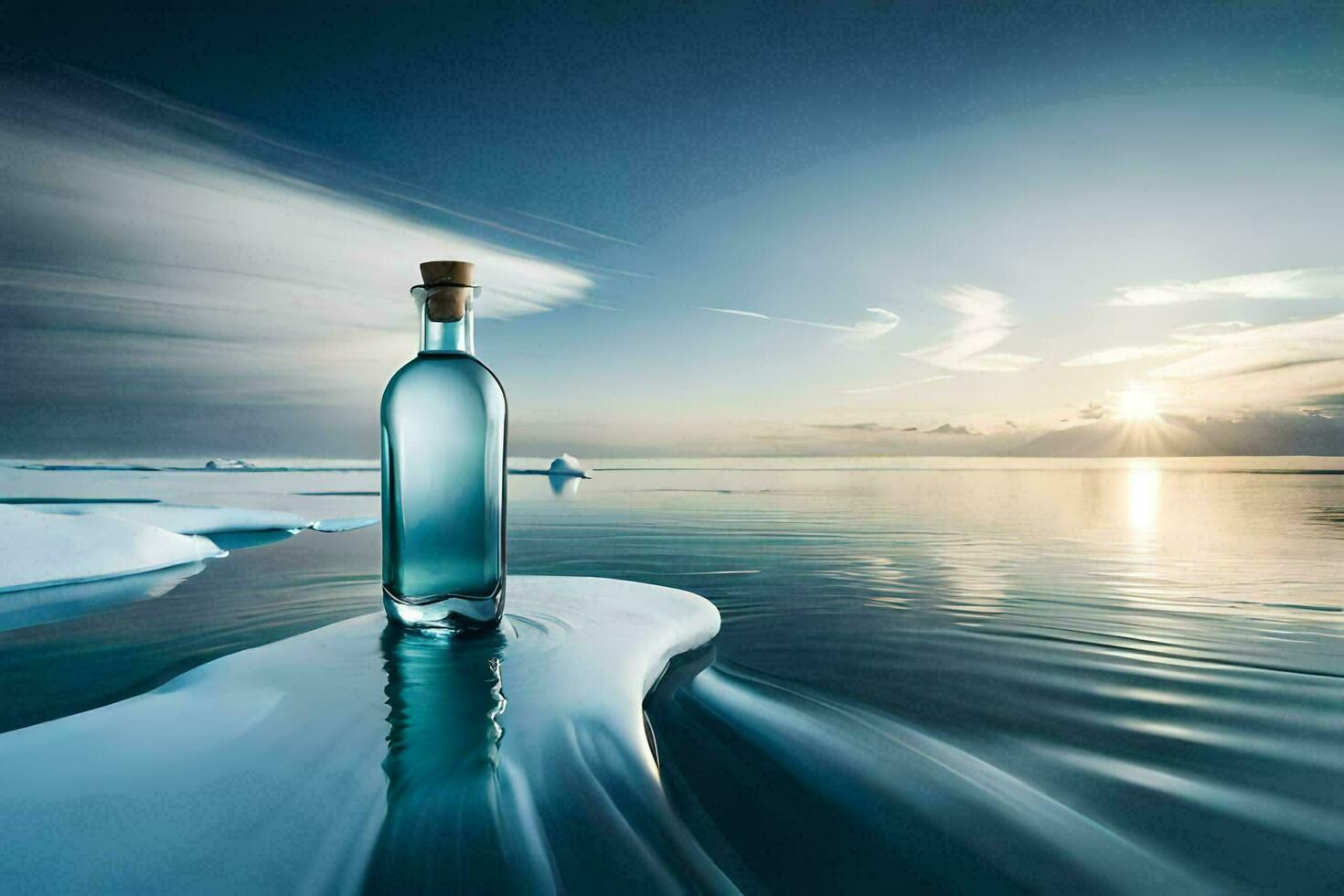 a bottle of water sits on the edge of an iceberg. AI-Generated photo