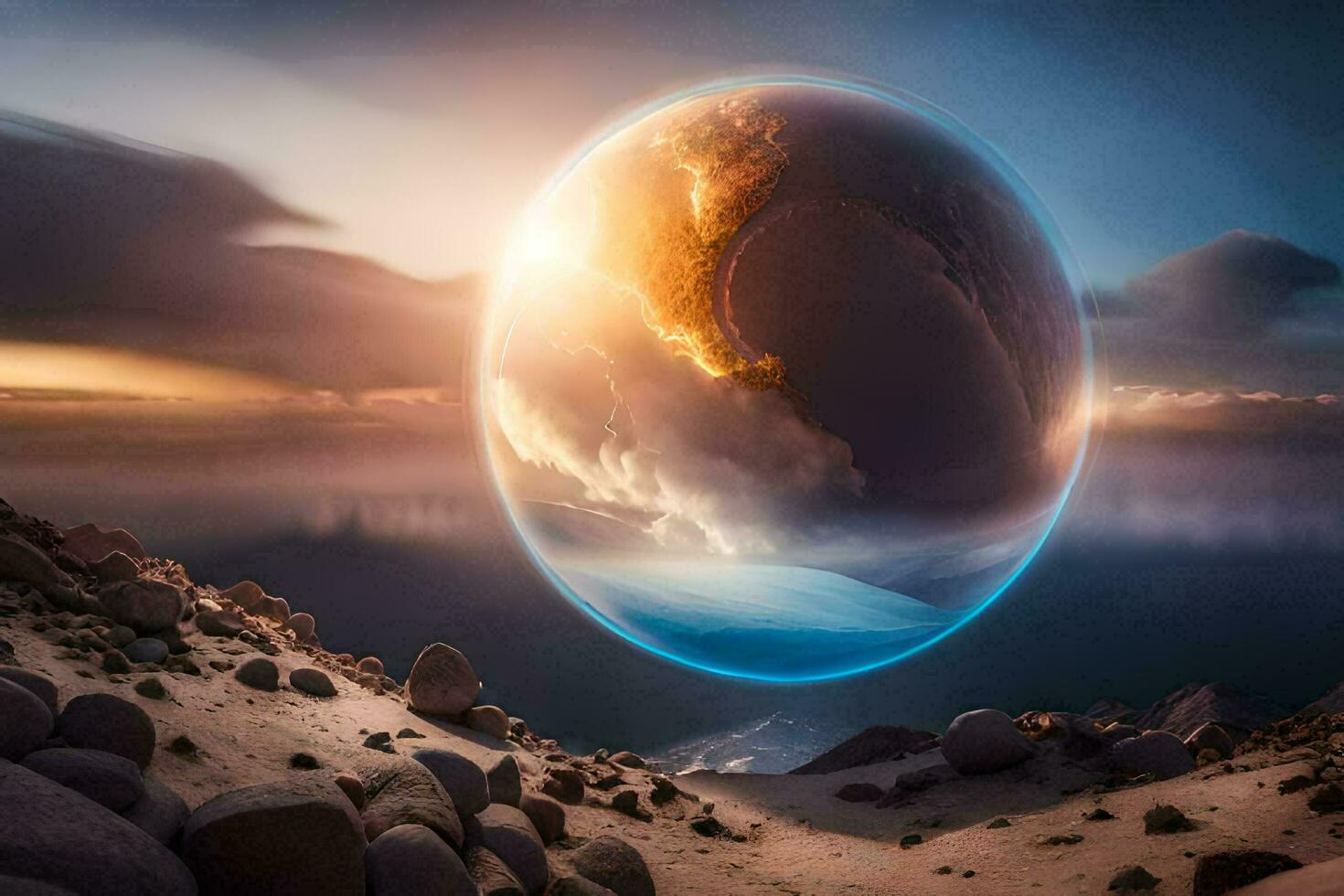 a planet with a sun in the sky. AI-Generated photo