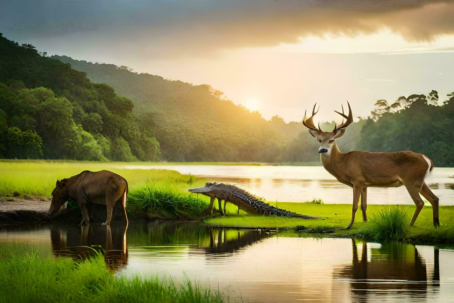 two deer stand in the water at sunset. AI-Generated photo