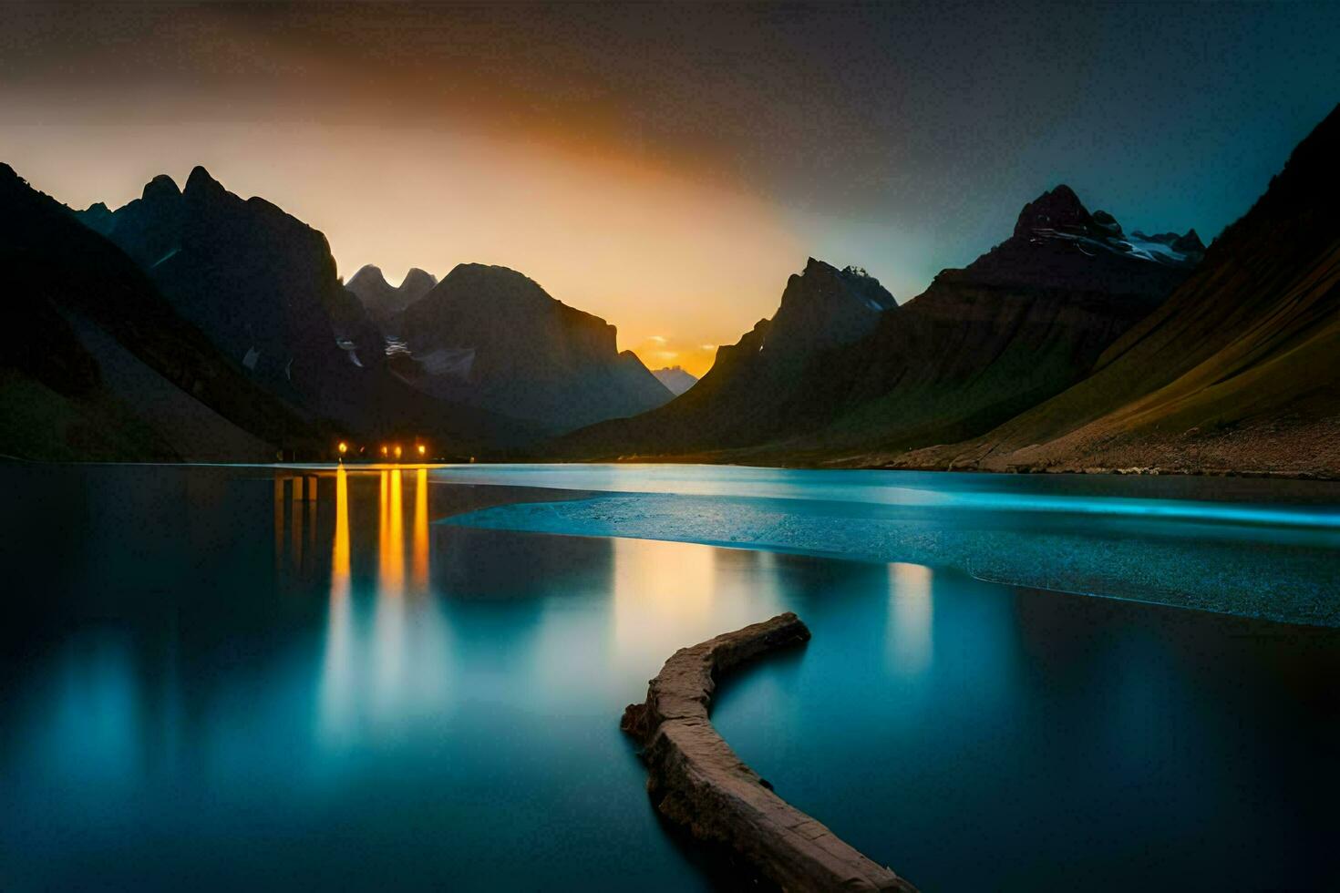 a lake and mountains at sunset. AI-Generated photo