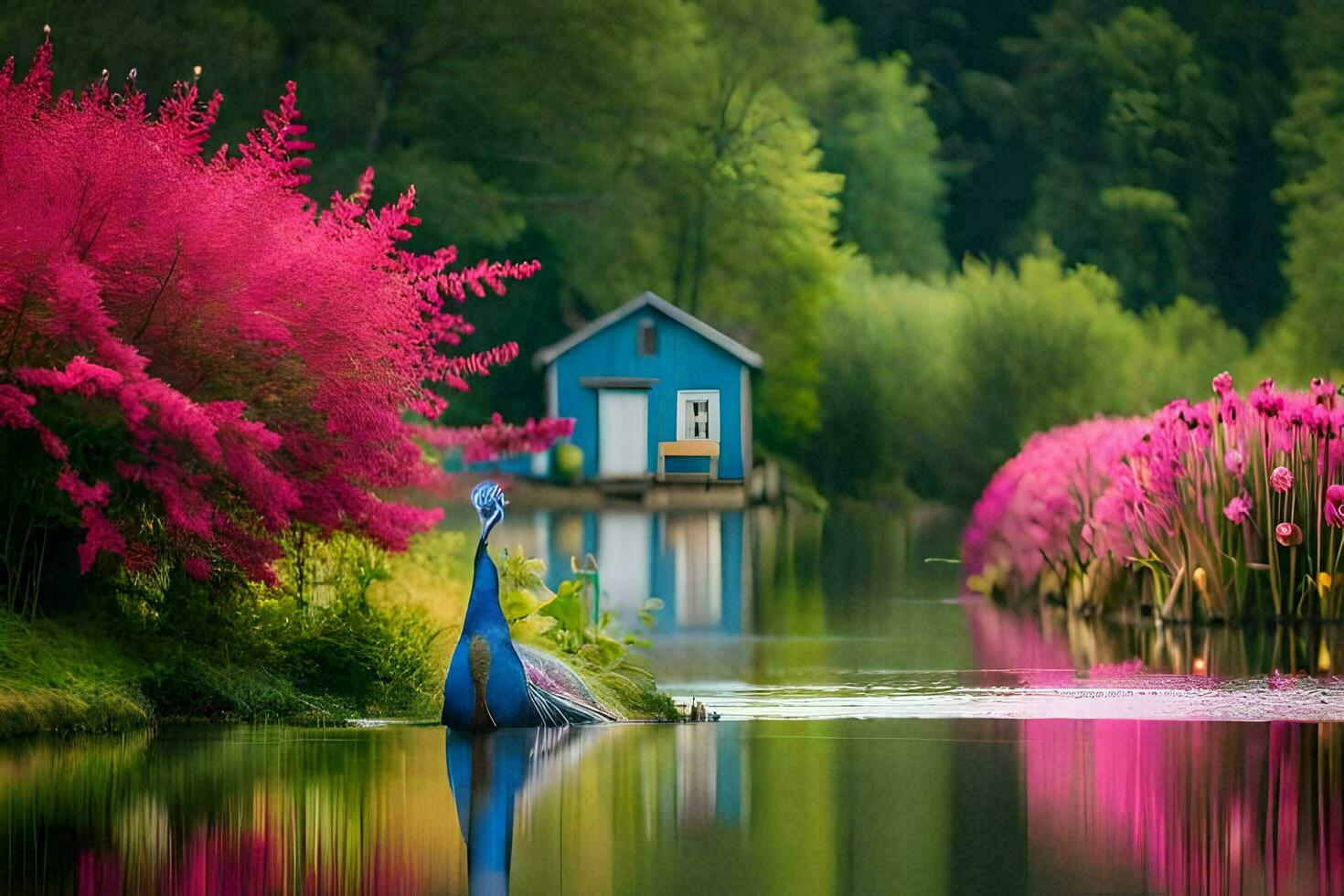 a blue boat is floating down a river with pink flowers. AI-Generated photo