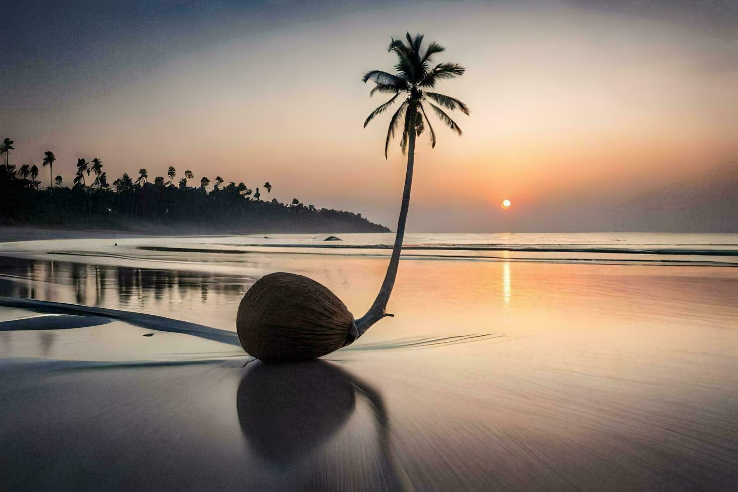 a coconut on the beach at sunset. AI-Generated photo