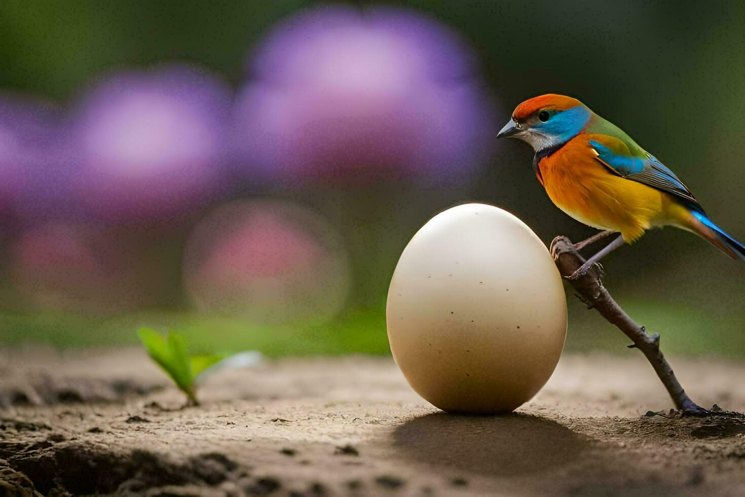 a bird is perched on top of an egg. AI-Generated photo