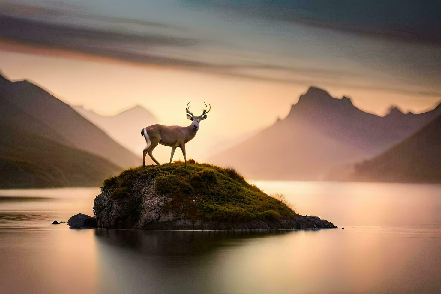 a deer stands on a rock in the middle of a lake. AI-Generated photo