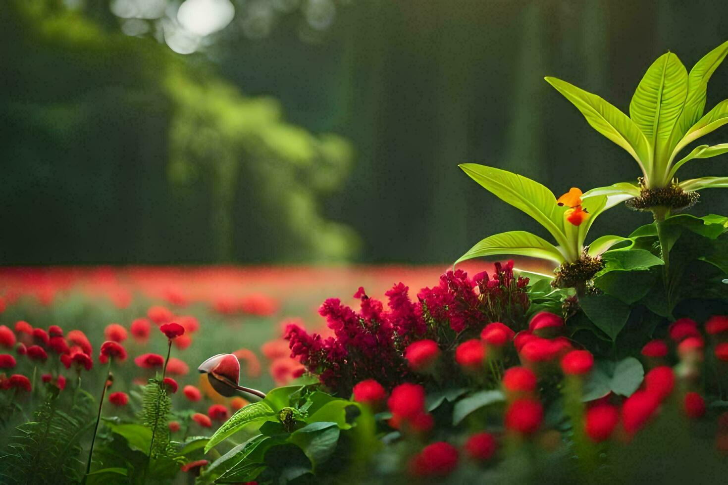 a field of red flowers with green leaves. AI-Generated photo