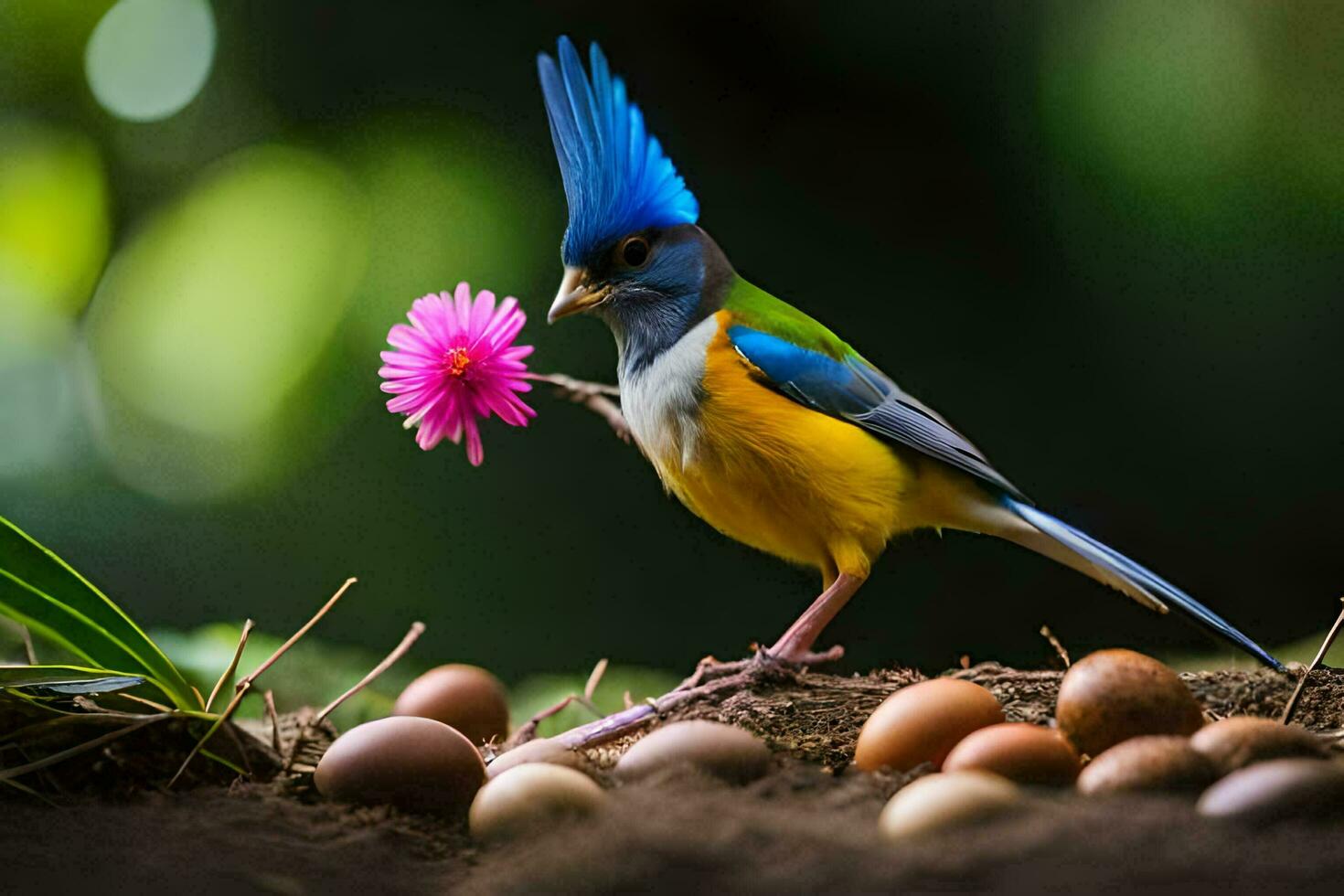 un azul y amarillo pájaro con un rosado flor en sus pico. generado por ai foto