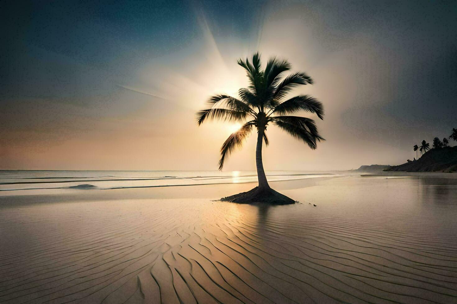 un solitario palma árbol soportes en el playa a puesta de sol. generado por ai foto