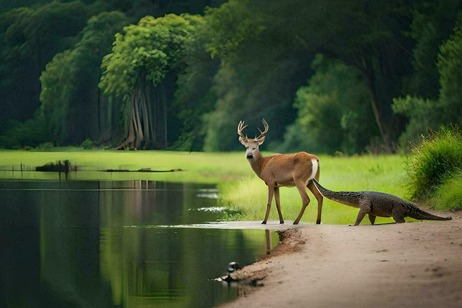 a deer and an alligator standing next to a river. AI-Generated photo