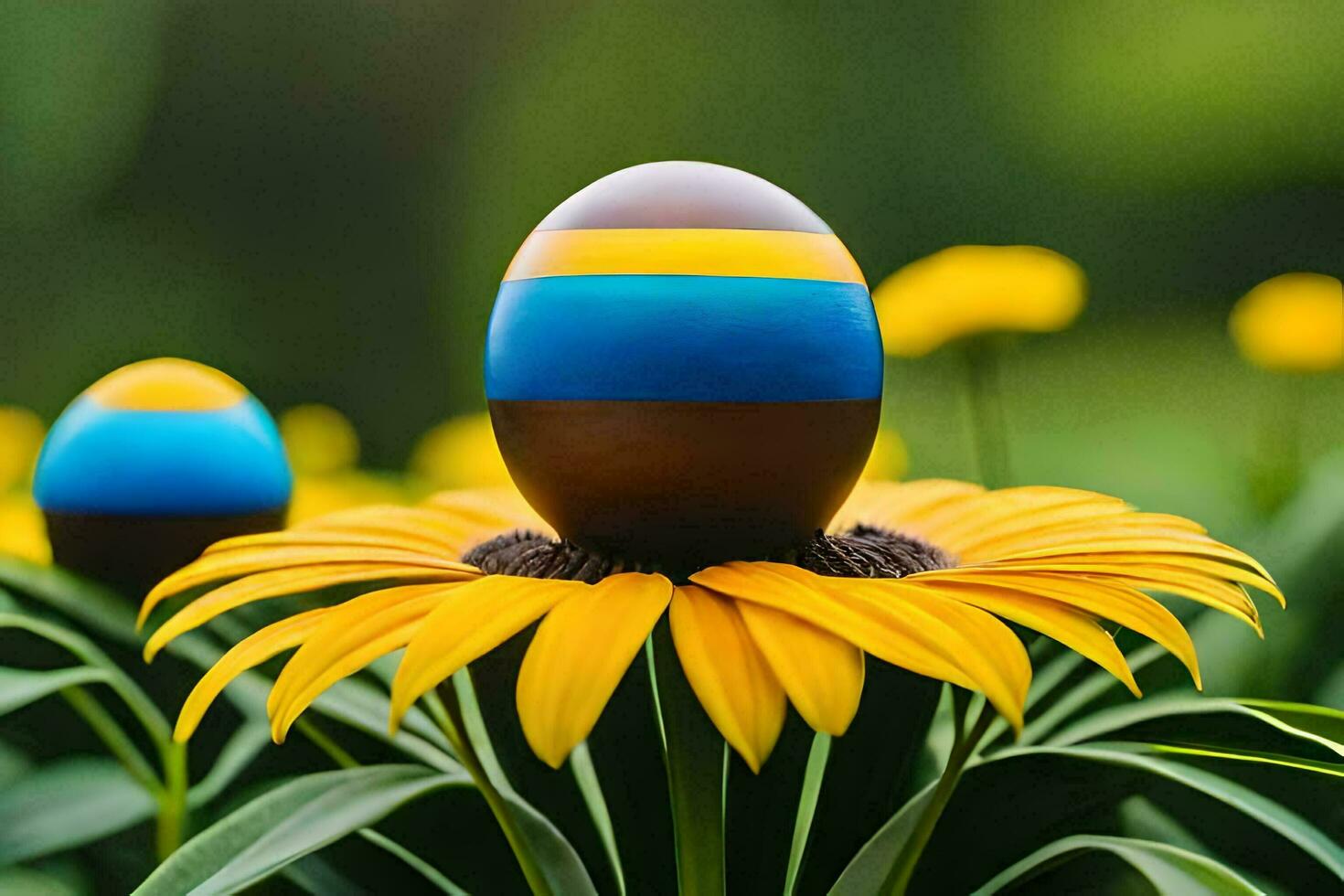 easter eggs on a sunflower. AI-Generated photo