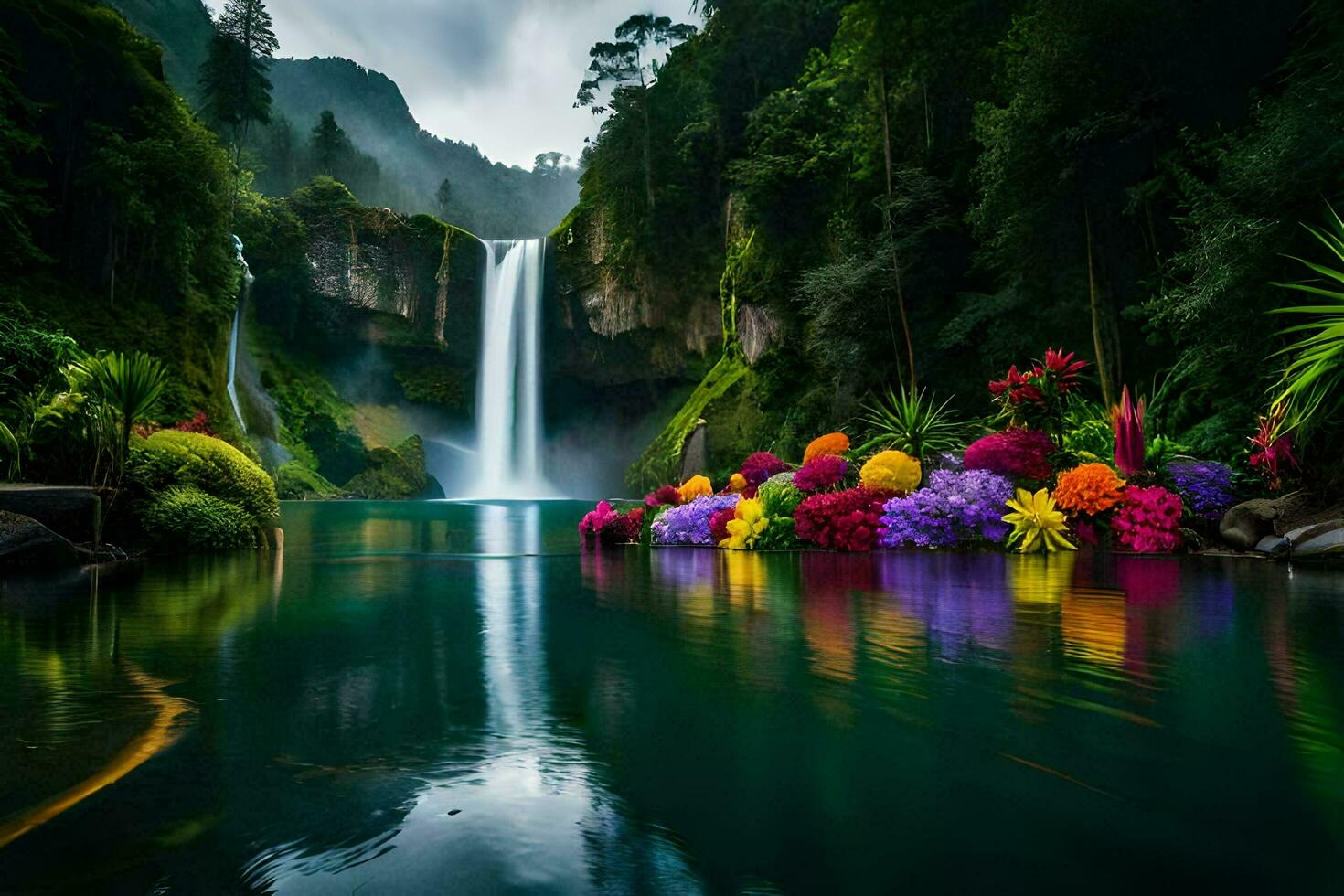 a waterfall surrounded by colorful flowers and trees. AI-Generated photo