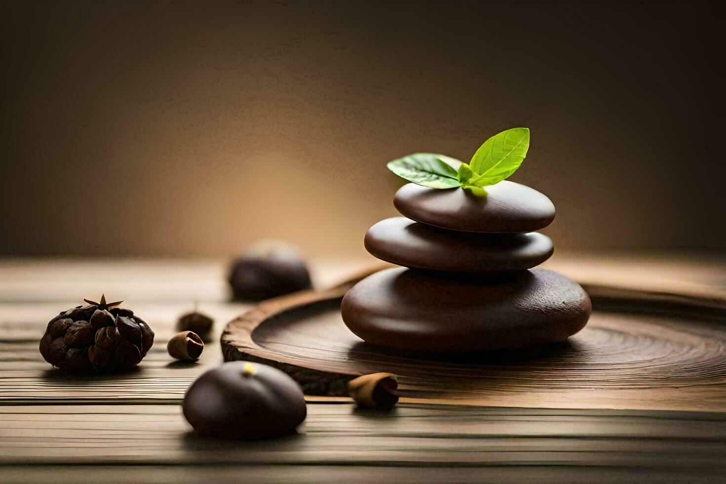 chocolate candies and nuts on a wooden table. AI-Generated photo