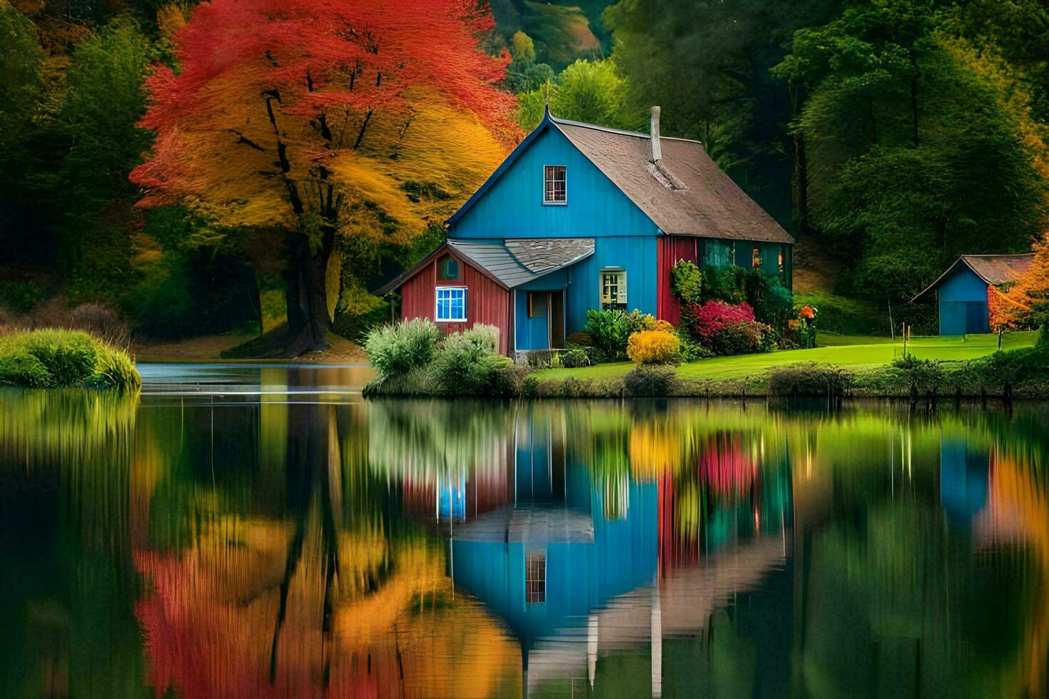 vistoso casa por el lago con vistoso arboles generado por ai foto