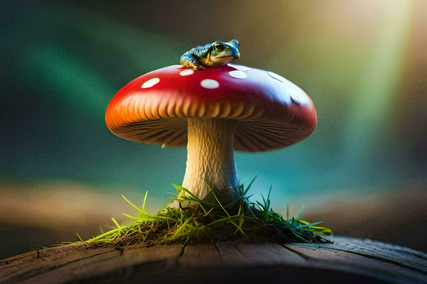 a small frog sits on top of a red mushroom. AI-Generated photo