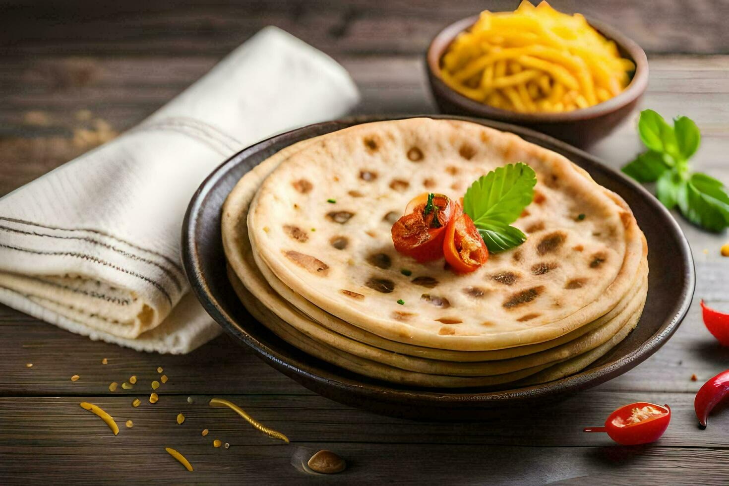 indian flatbreads on a wooden table. AI-Generated photo