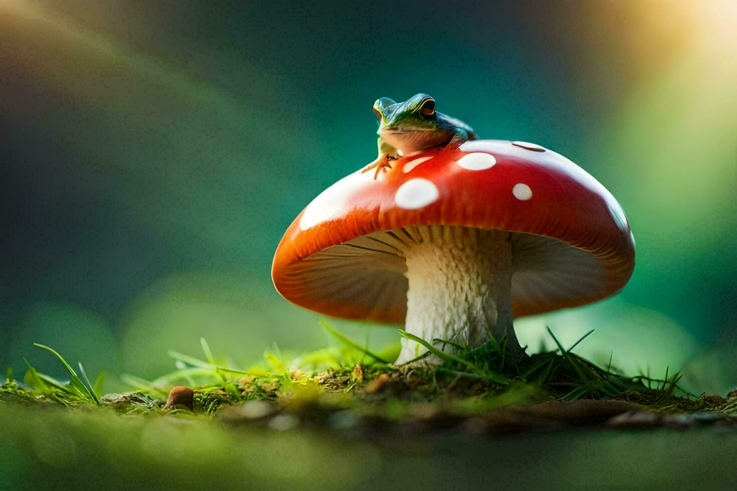 a frog sits on top of a mushroom in the forest. AI-Generated photo