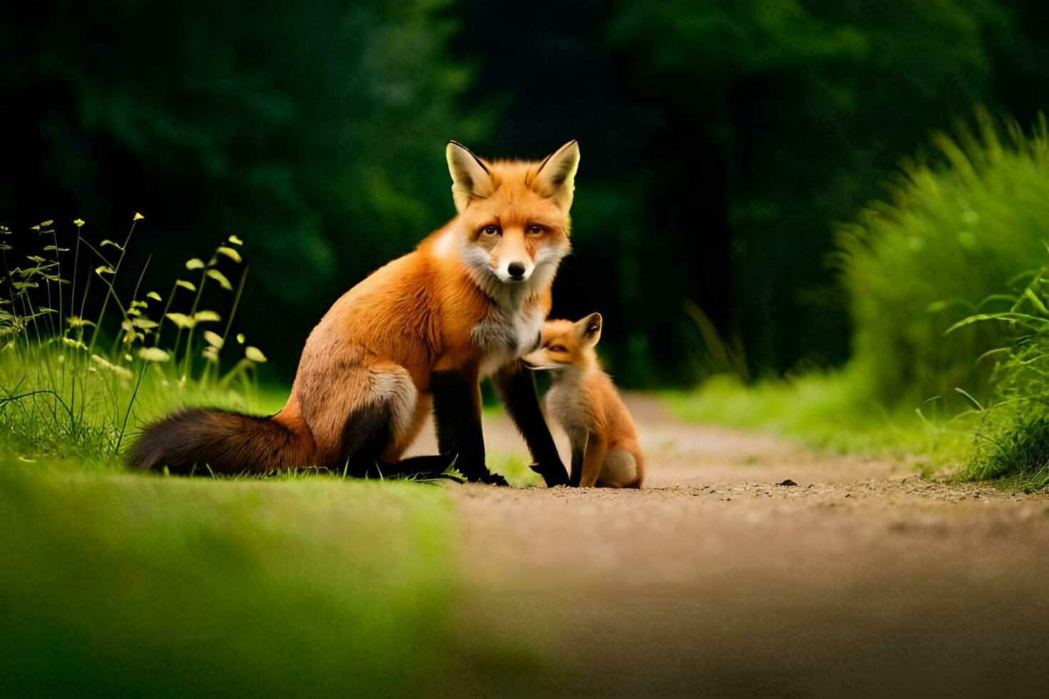 a mother and her cub sitting on a road in the woods. AI-Generated photo