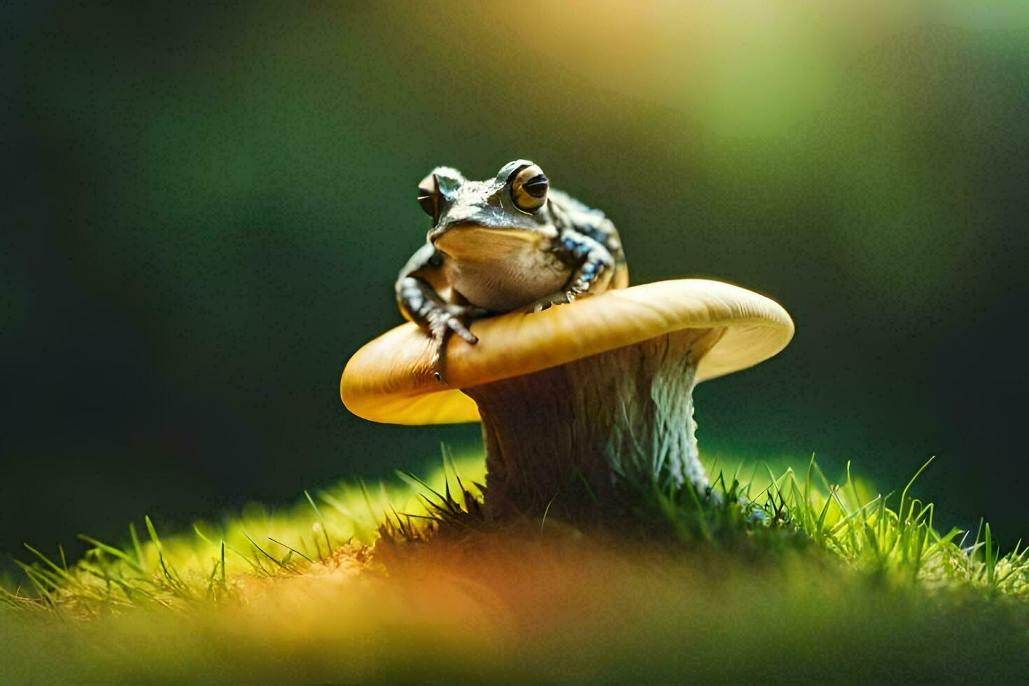 a frog sitting on top of a mushroom. AI-Generated photo