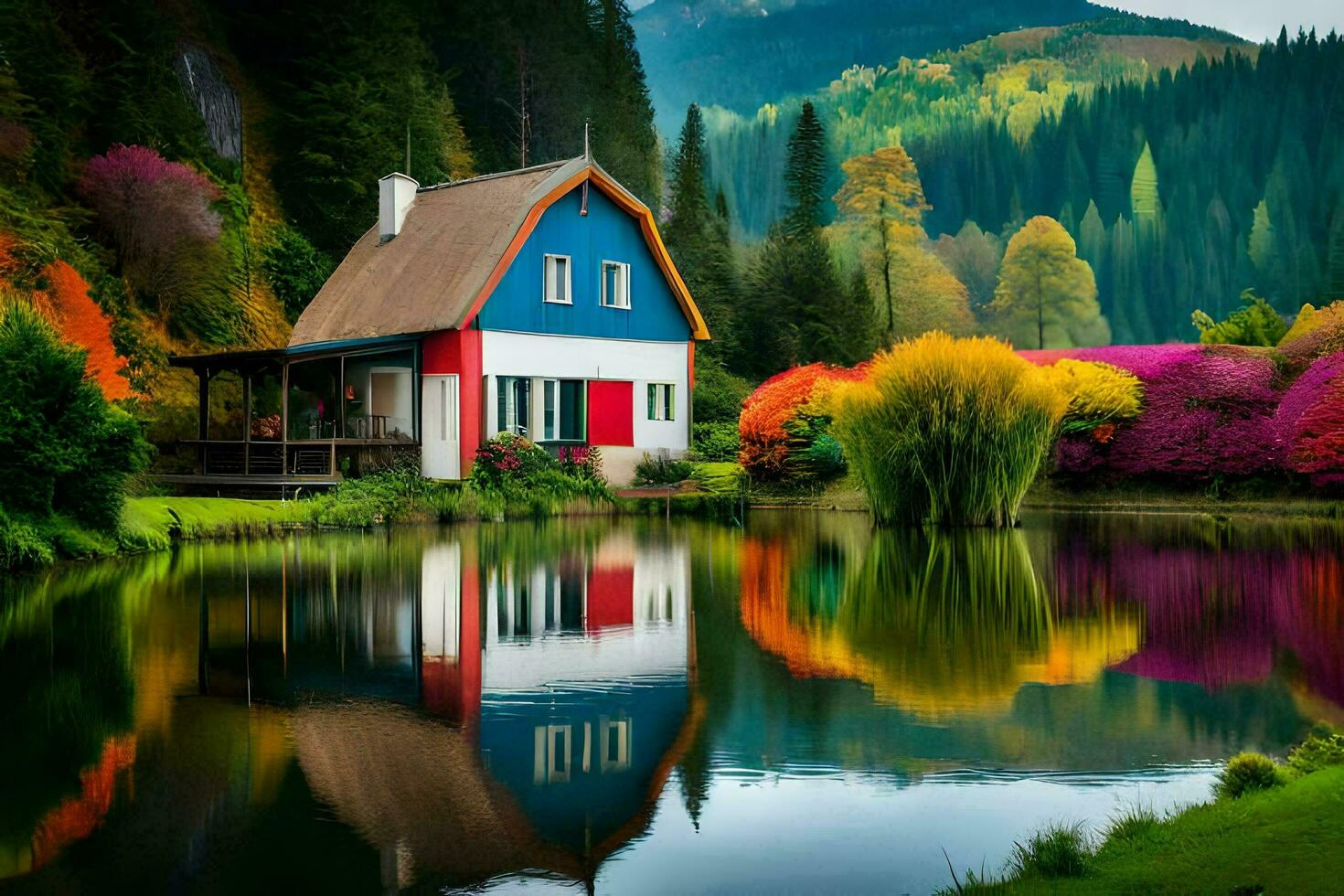 colorful house by the lake. AI-Generated photo