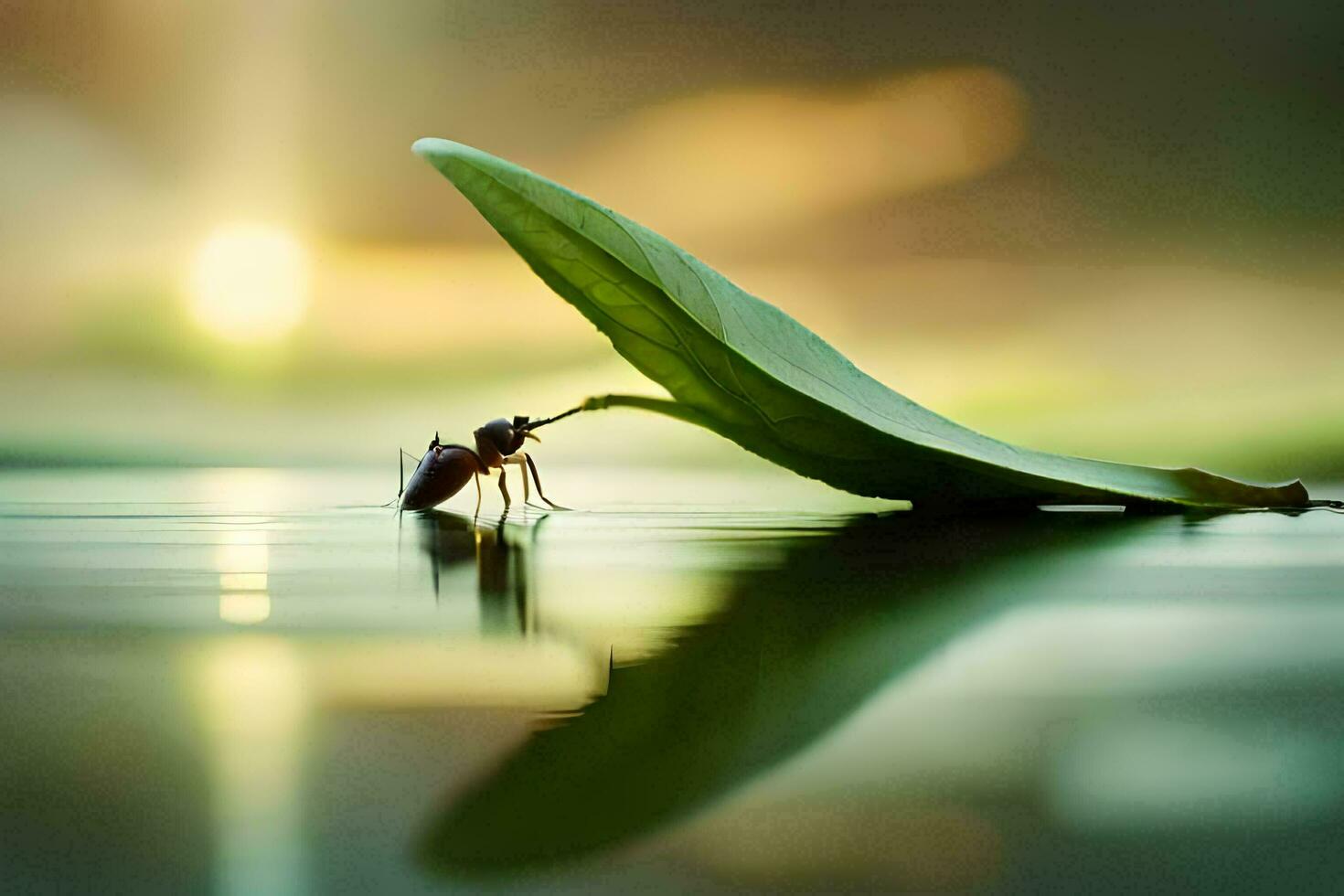 a small insect is sitting on a leaf in the water. AI-Generated photo