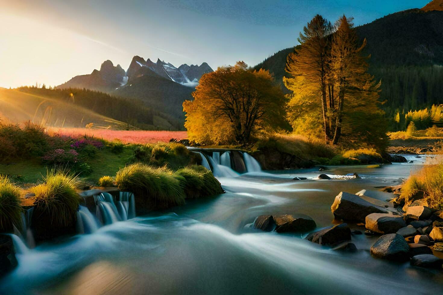 the sun rises over the mountains in the background. AI-Generated photo