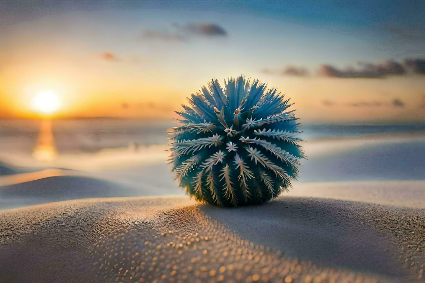 a blue sea urchin on the sand at sunset. AI-Generated photo