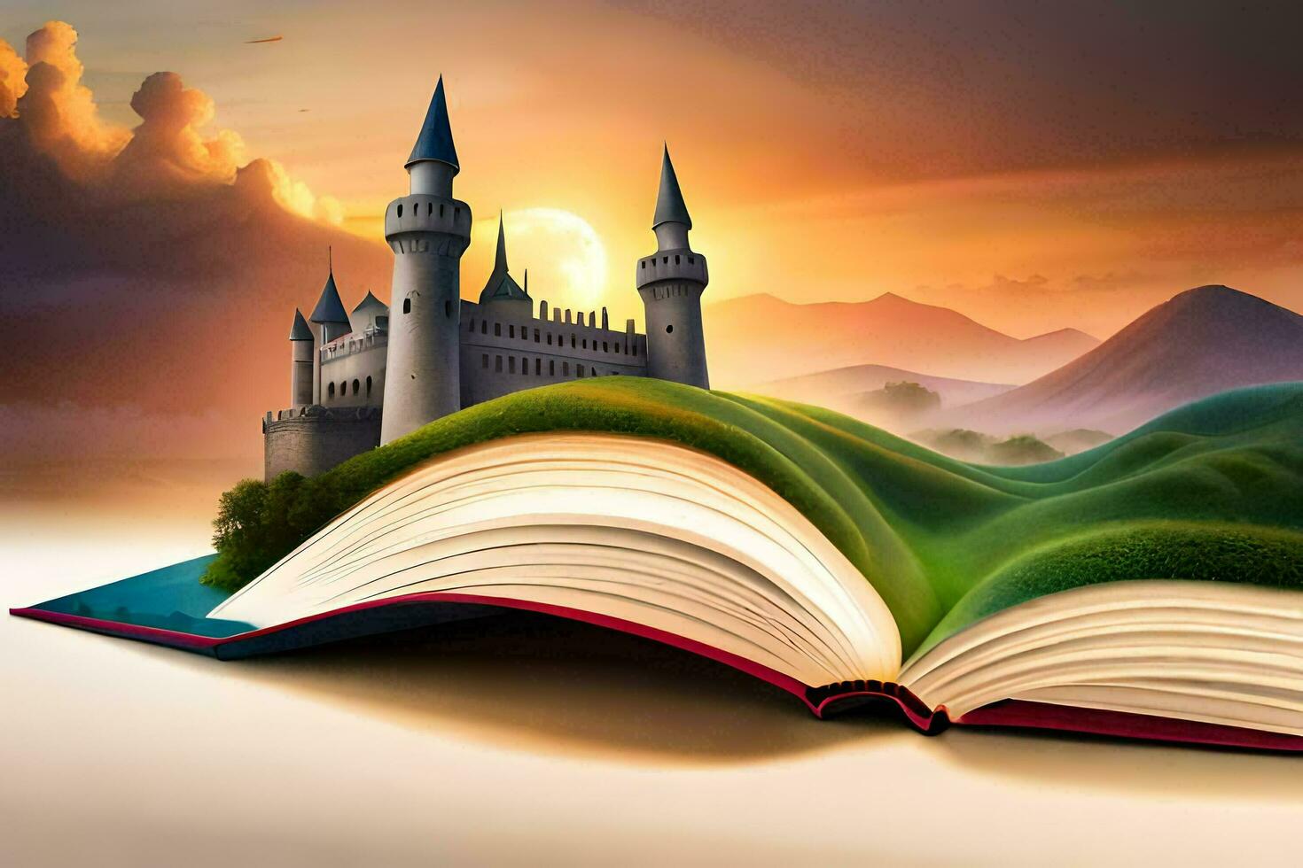 an open book with a castle on top of it. AI-Generated photo