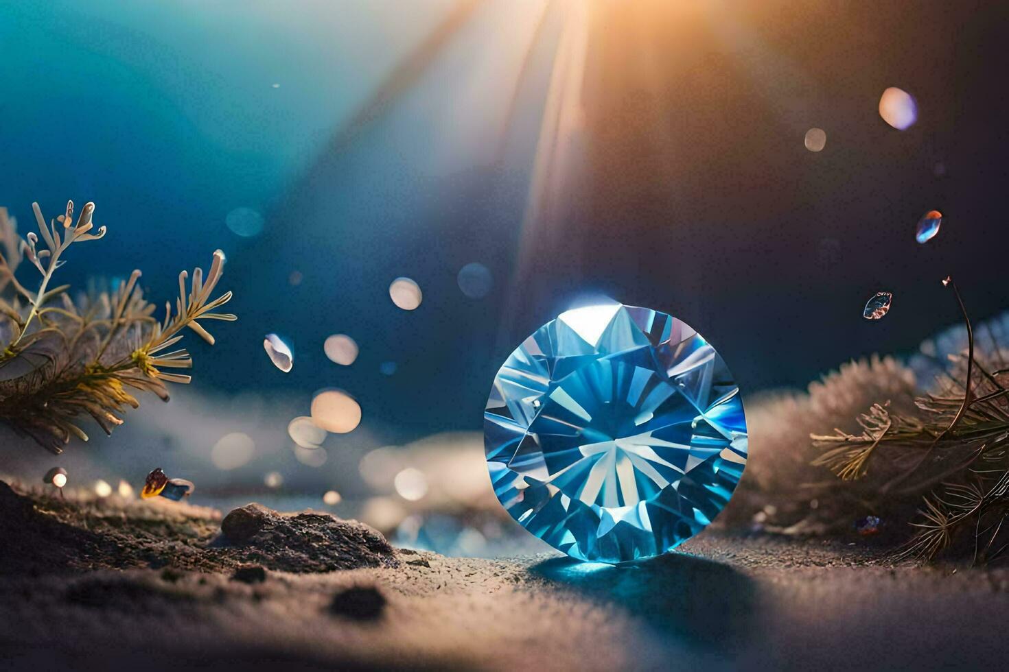 a diamond is shown in the sand with sunlight shining through. AI