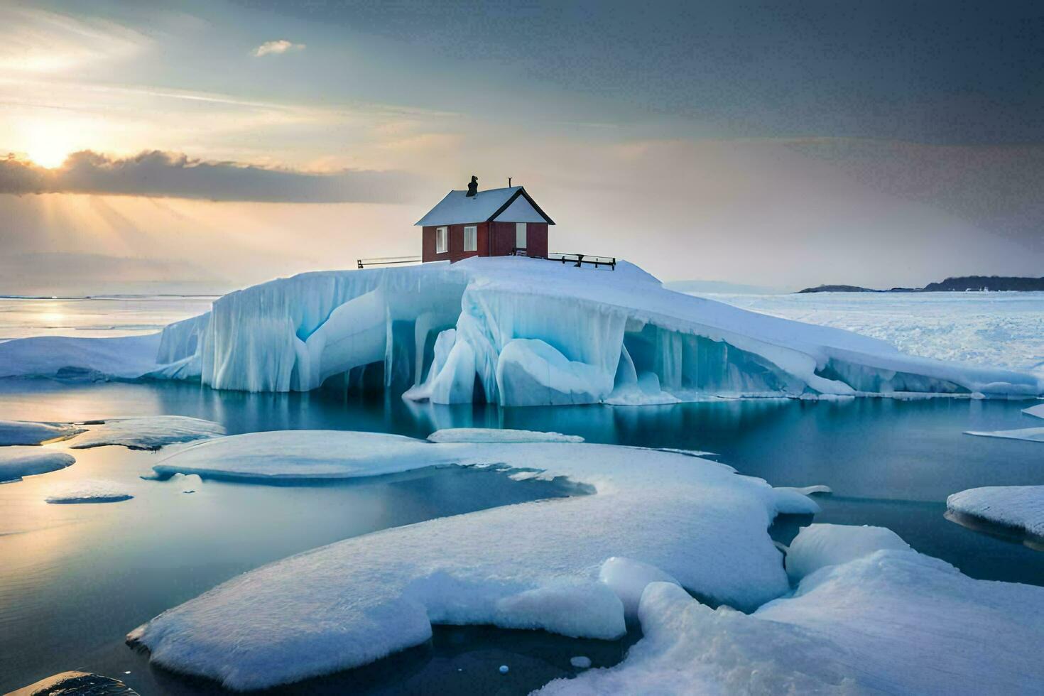 un rojo casa se sienta en un iceberg en el medio de el océano. generado por ai foto