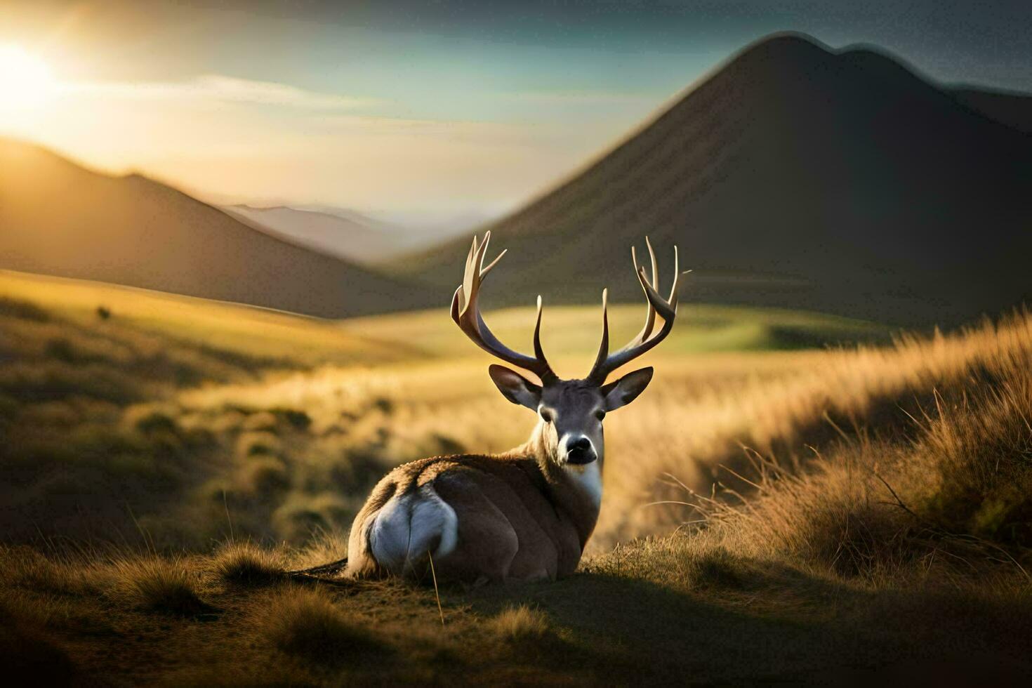 a deer is sitting in the grass with the sun setting behind it. AI-Generated photo