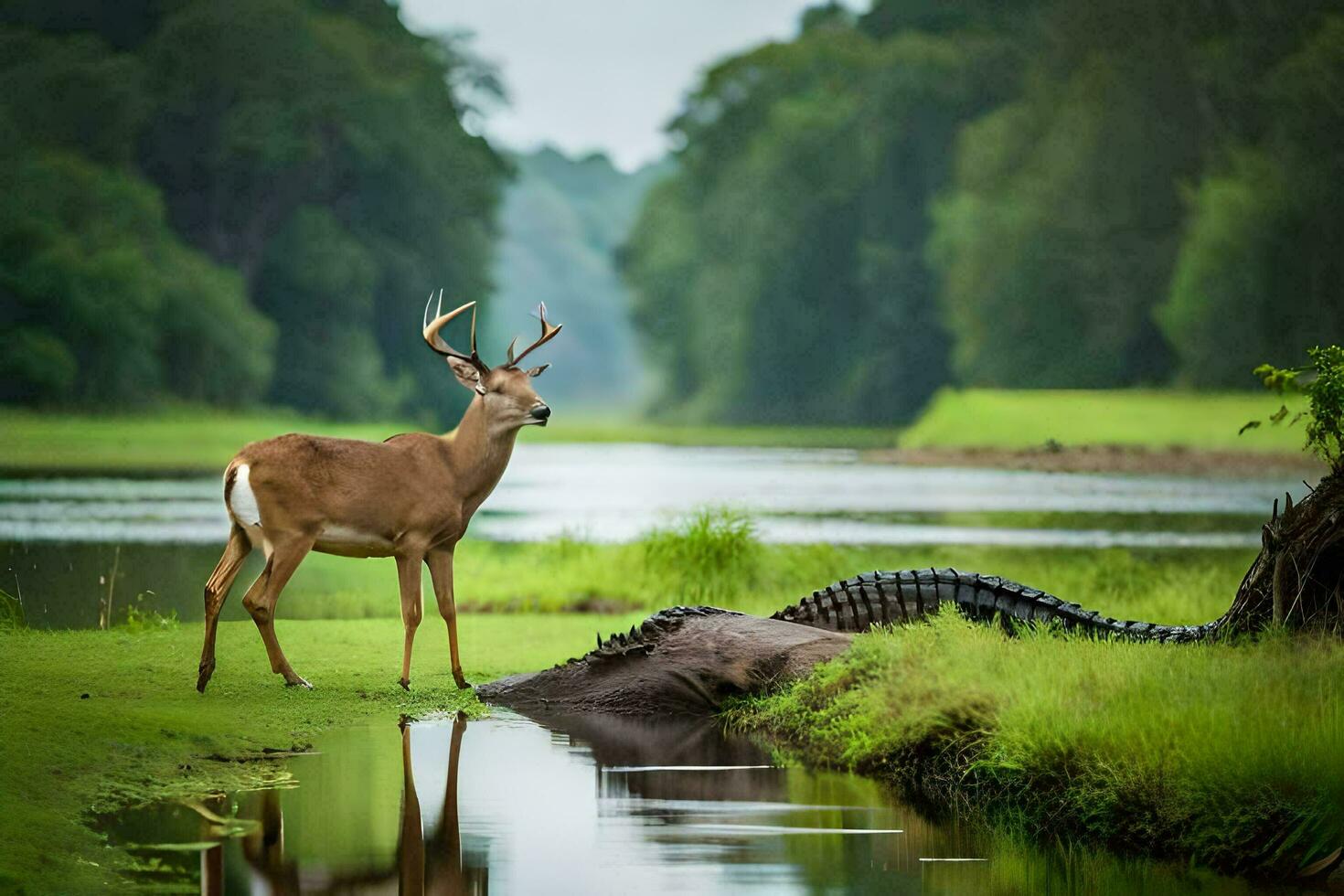 a deer and alligator in the water. AI-Generated photo