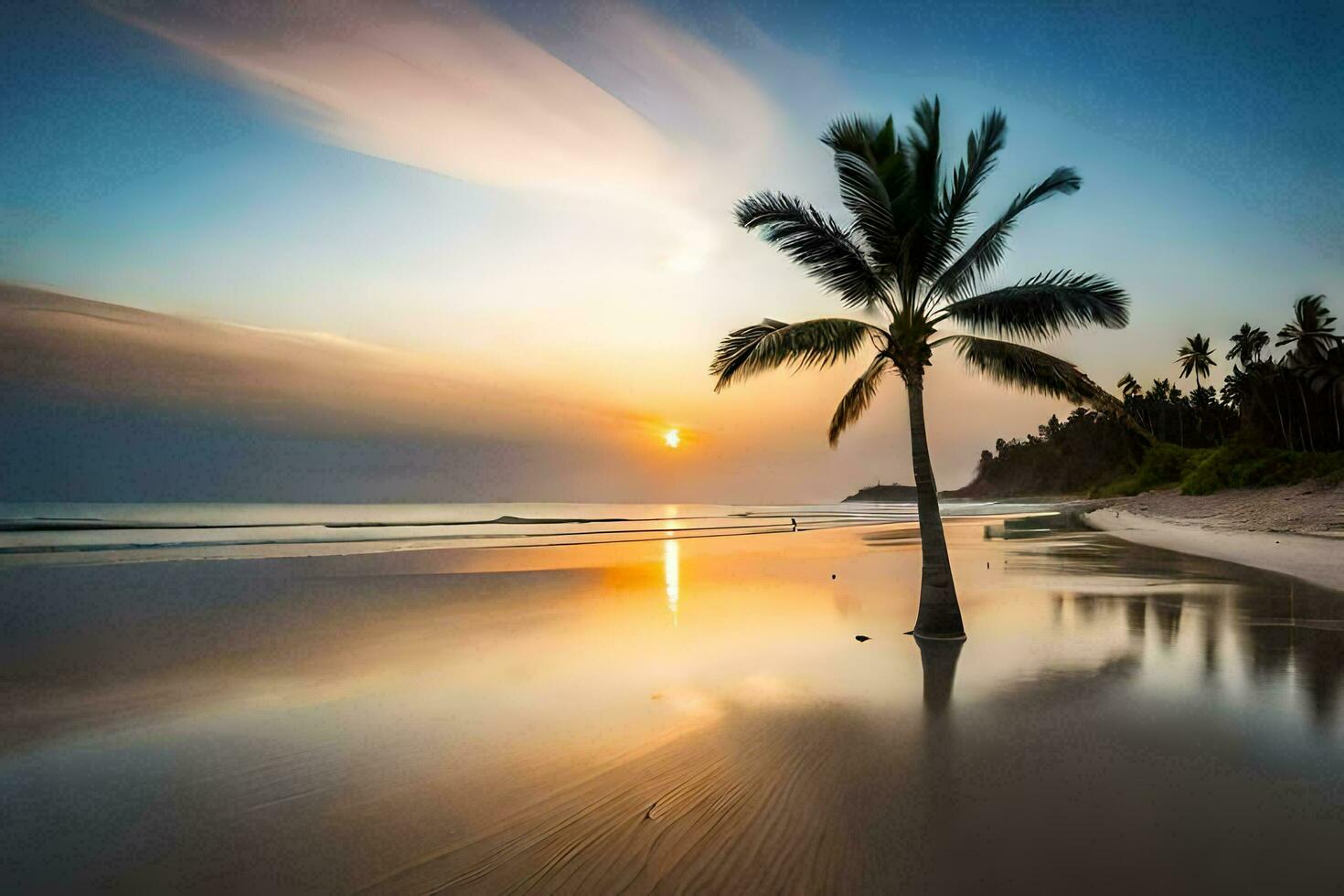 a palm tree stands on the beach at sunset. AI-Generated photo