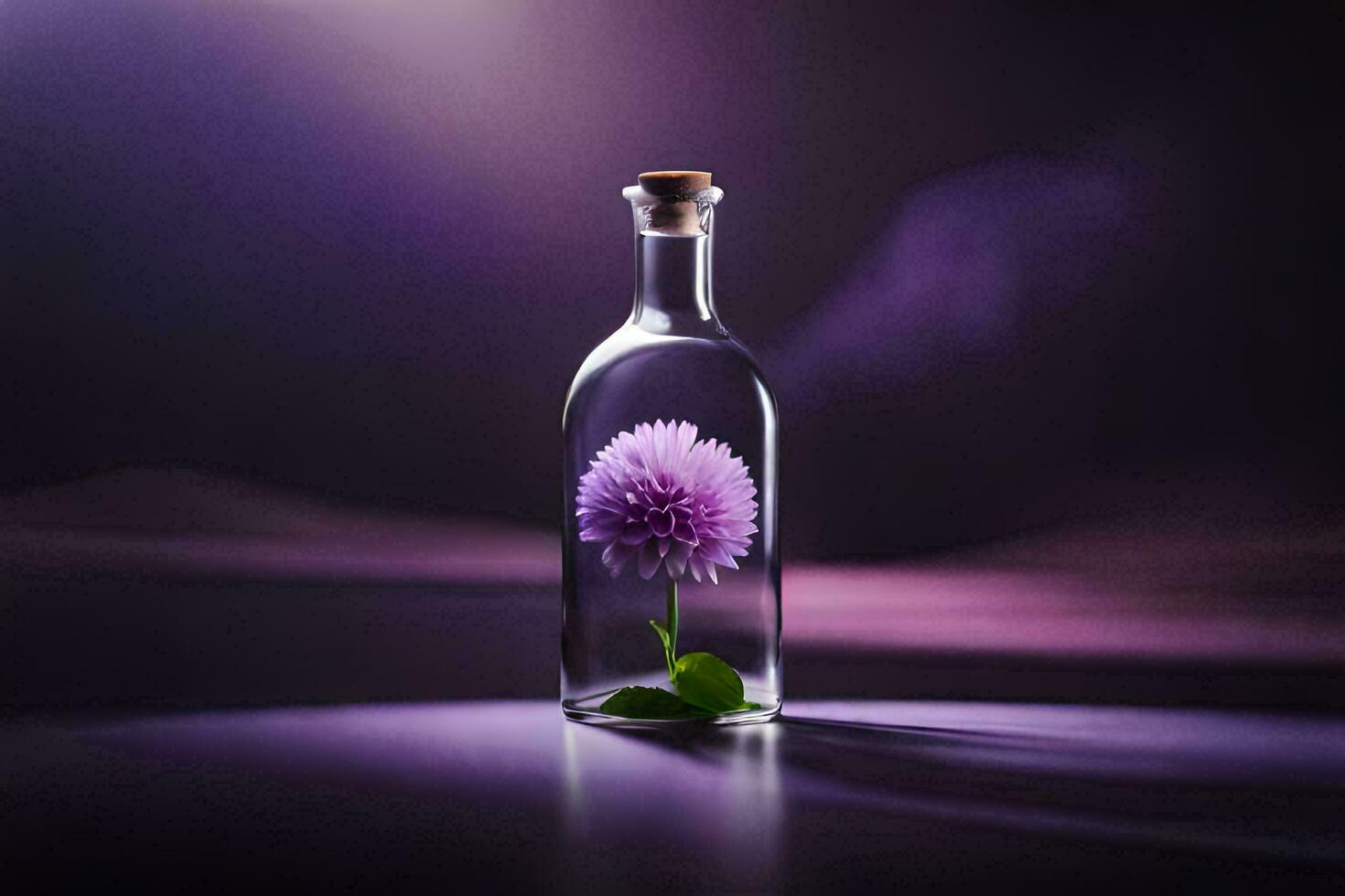 a purple flower in a bottle on a dark background. AI-Generated photo