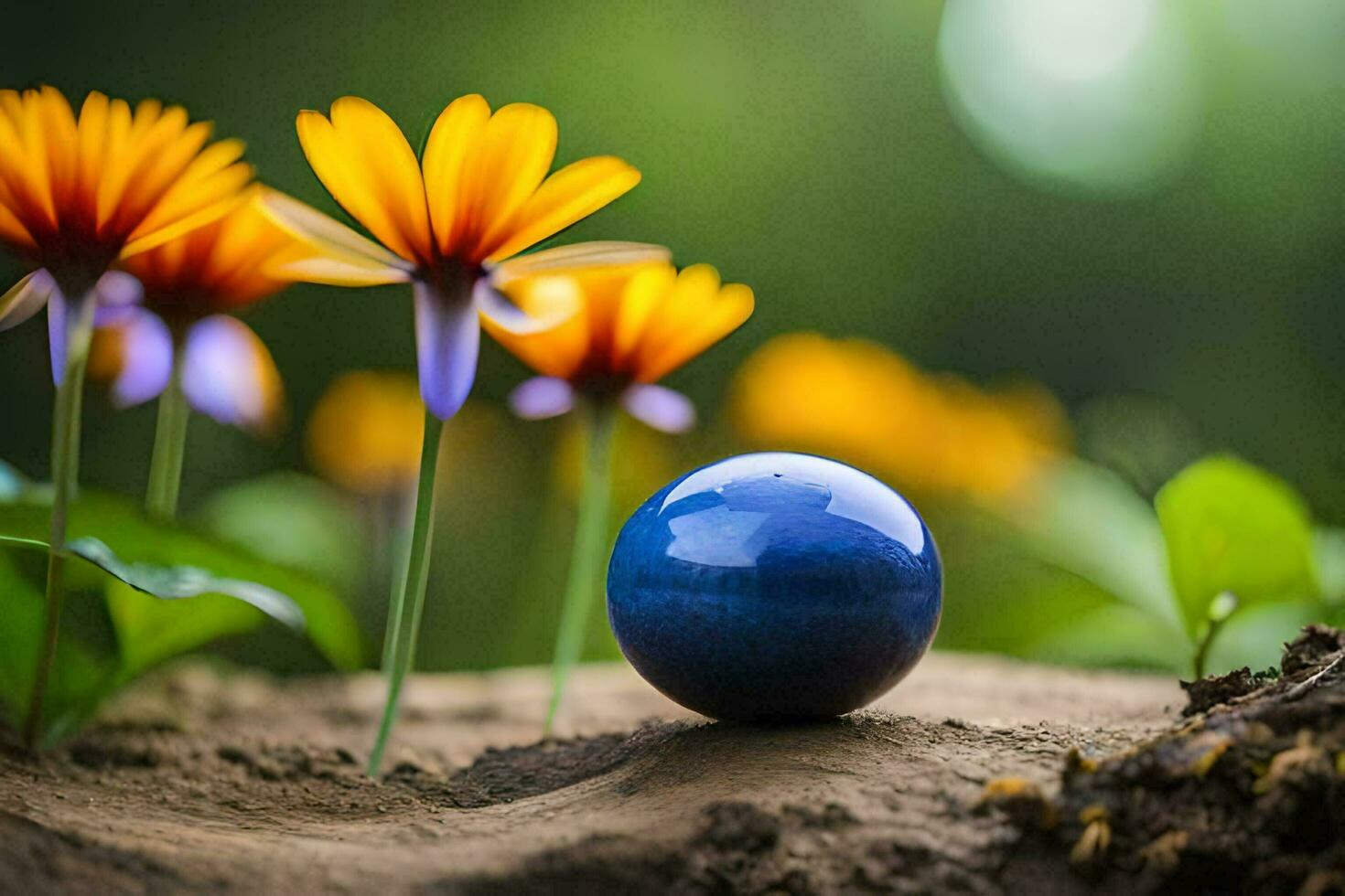 a blue ball sits on the ground in front of flowers. AI-Generated photo