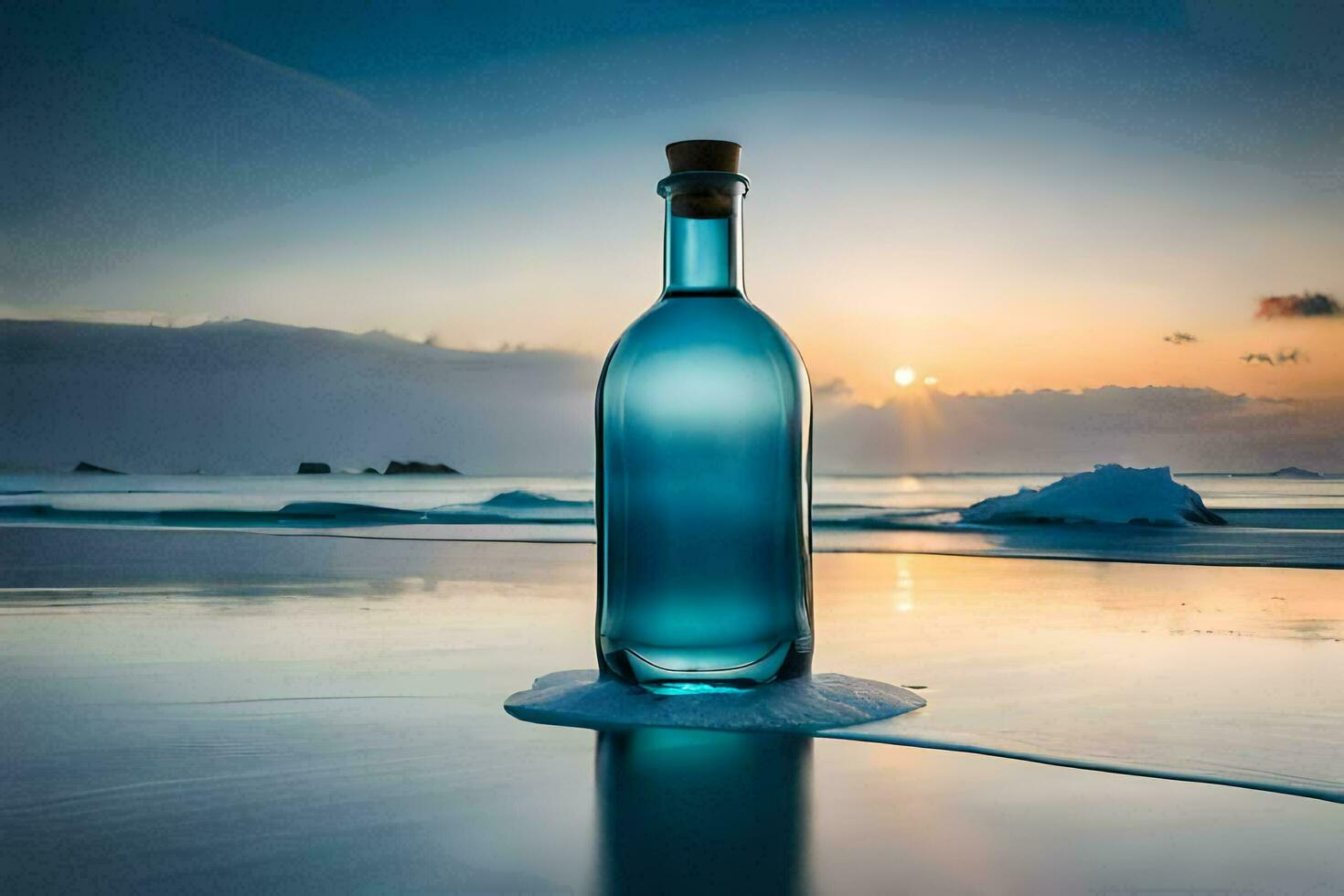 a bottle of blue liquid sitting on the beach at sunset. AI-Generated photo