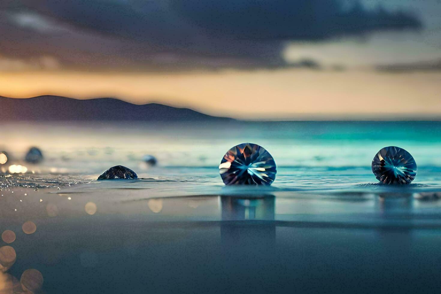 three glass balls on the beach at sunset. AI-Generated photo