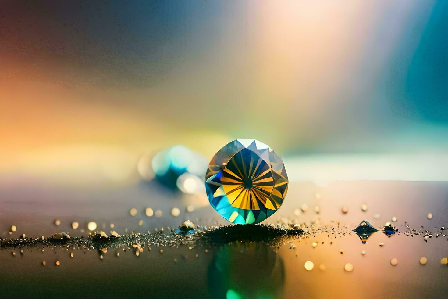 a diamond is sitting on the ground with water droplets. AI-Generated photo