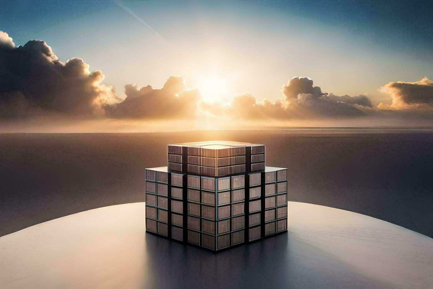 a cube with a sun in the background. AI-Generated photo