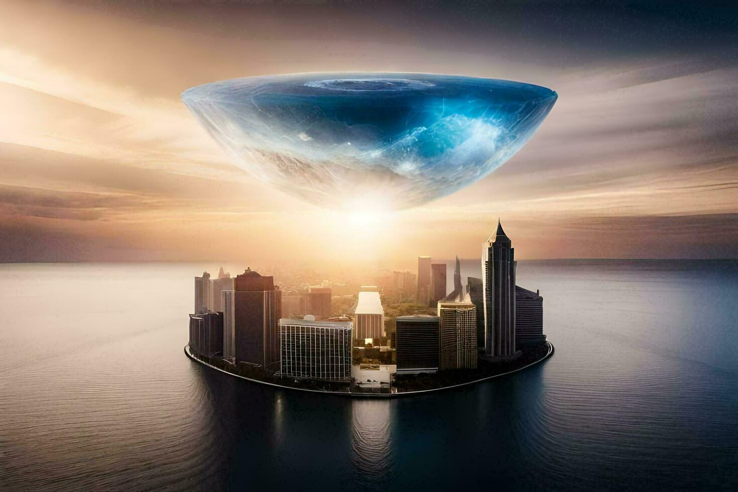 an alien spaceship flying over a city. AI-Generated photo