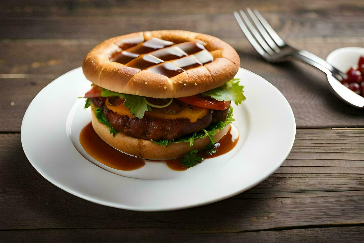 a hamburger with sauce on a white plate. AI-Generated photo