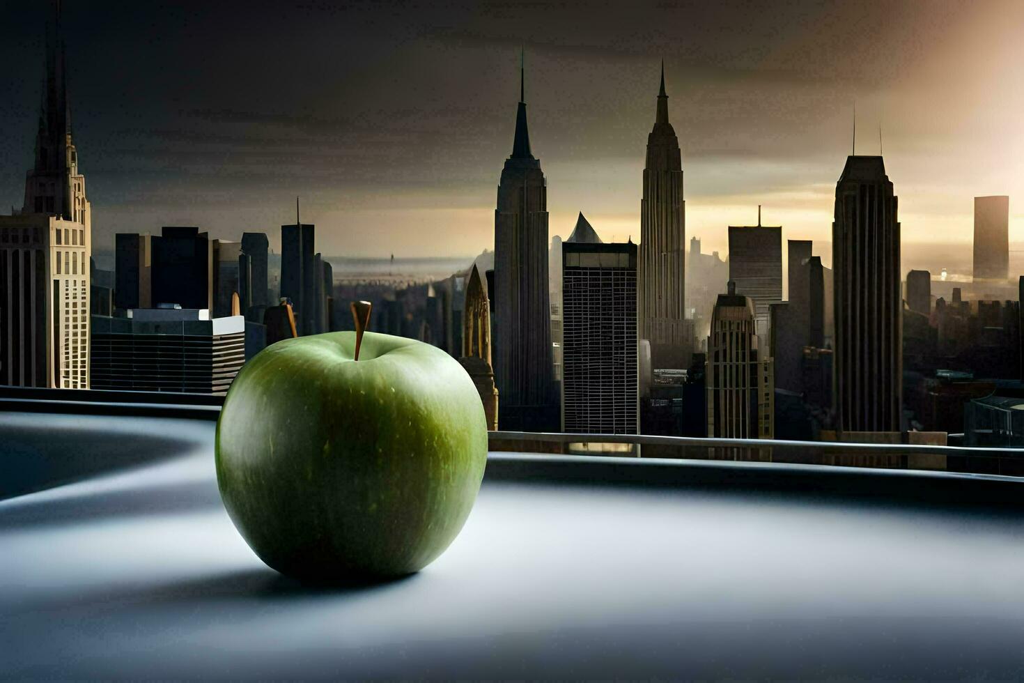 an apple sits on a table in front of a cityscape. AI-Generated photo