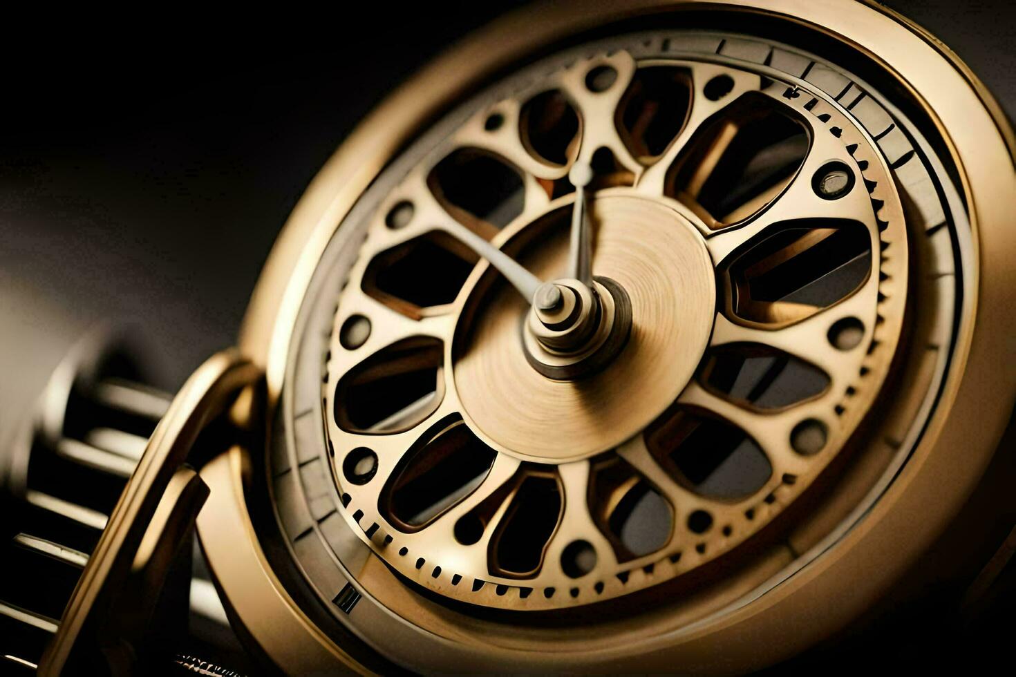a close up of a gold watch with a black background. AI-Generated photo