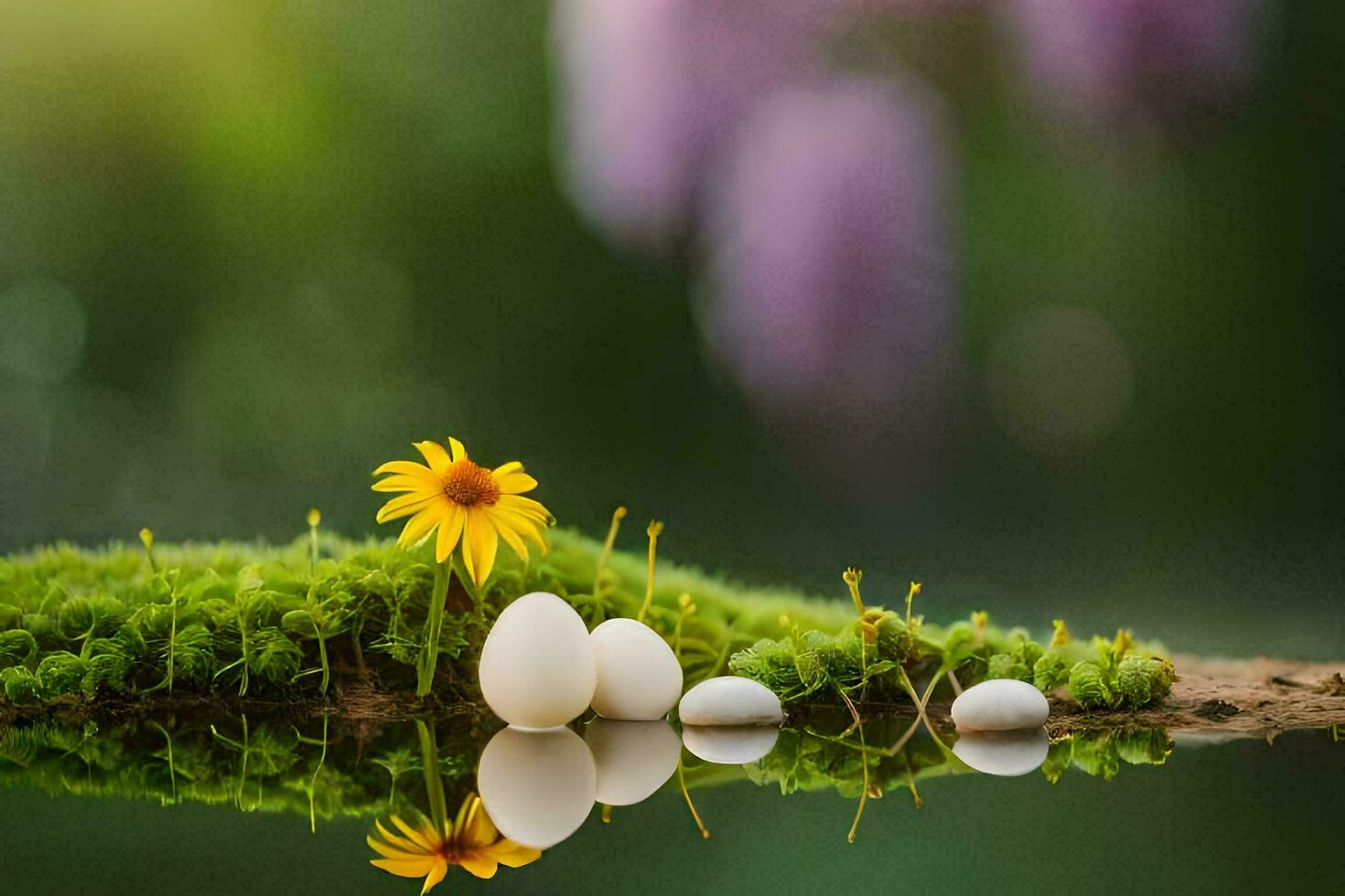 un pequeño flor y huevos son sentado en un cubierto de musgo superficie. generado por ai foto