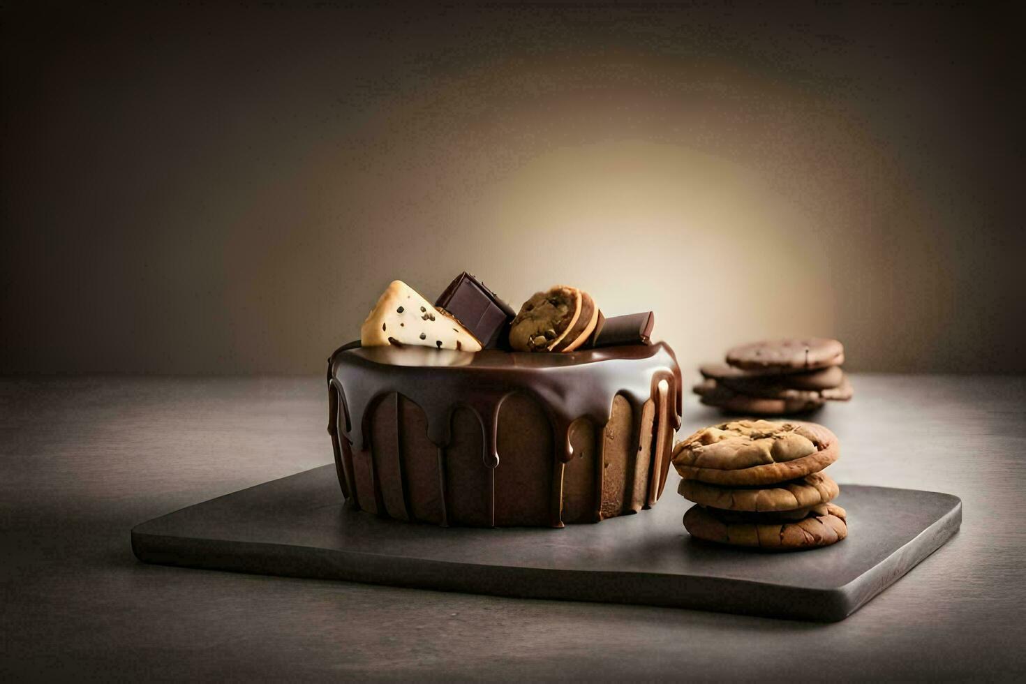 a chocolate cake with cookies and chocolate drizzle. AI-Generated photo