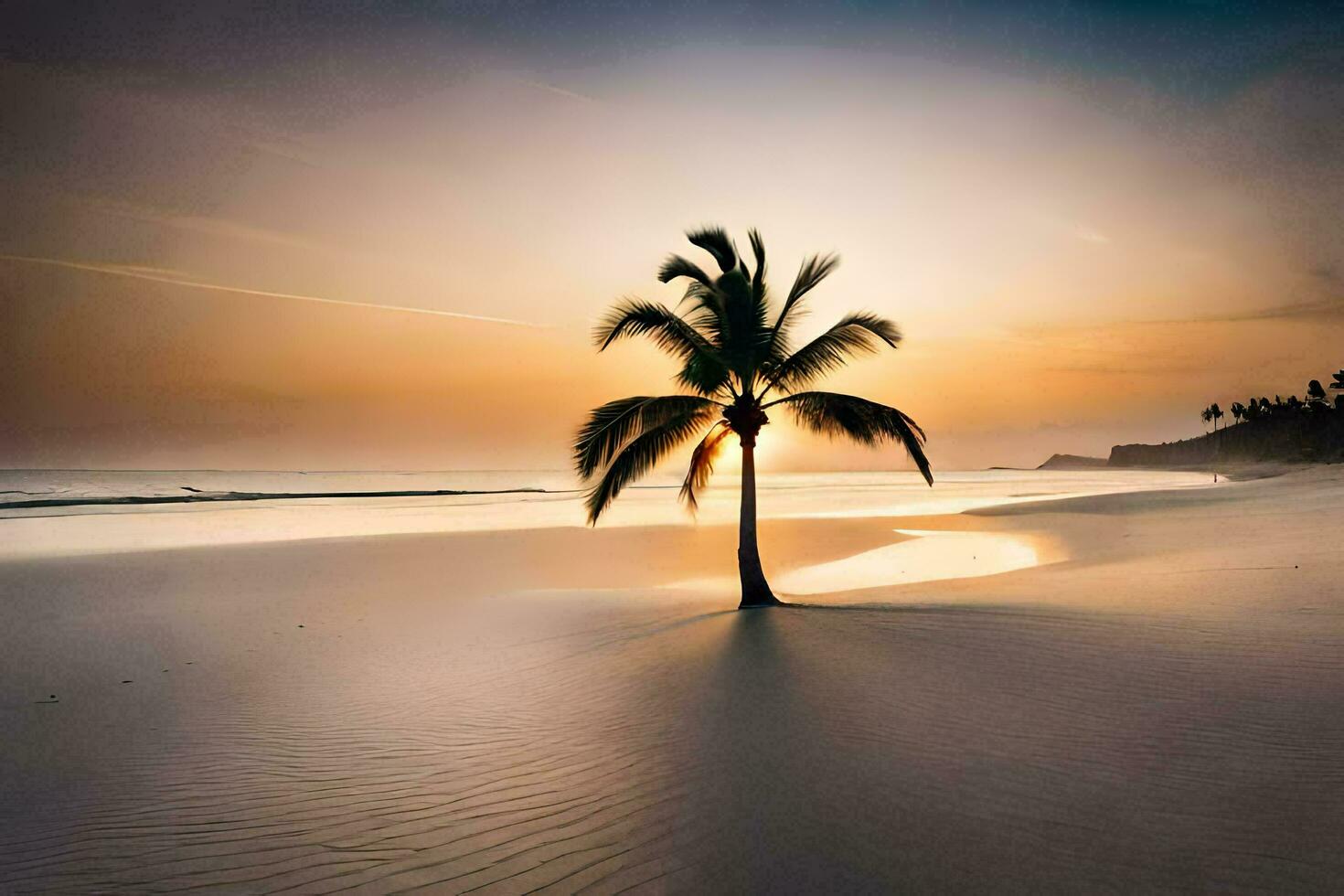 a lone palm tree stands on a beach at sunset. AI-Generated photo