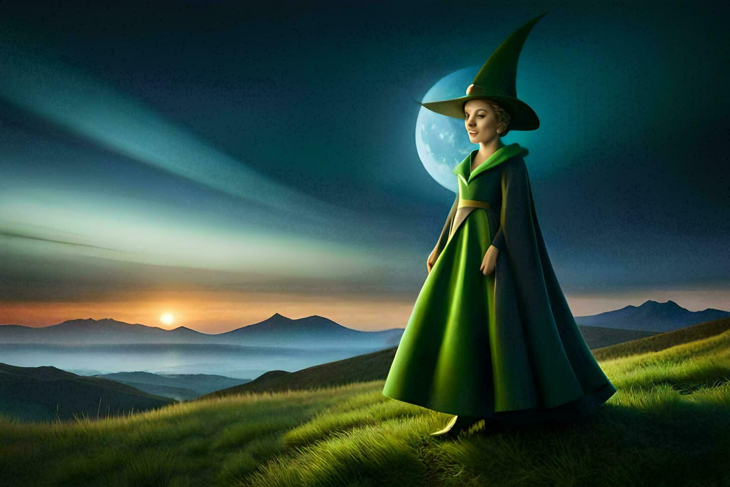 a woman in a green dress and hat stands on a hill overlooking the moon. AI-Generated photo