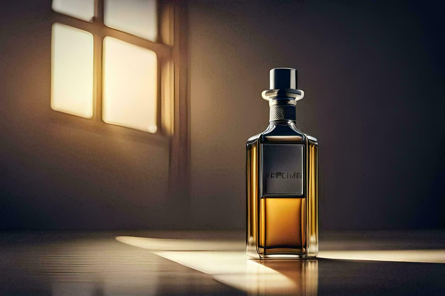 a bottle of whisky sitting on a table in front of a window. AI-Generated photo