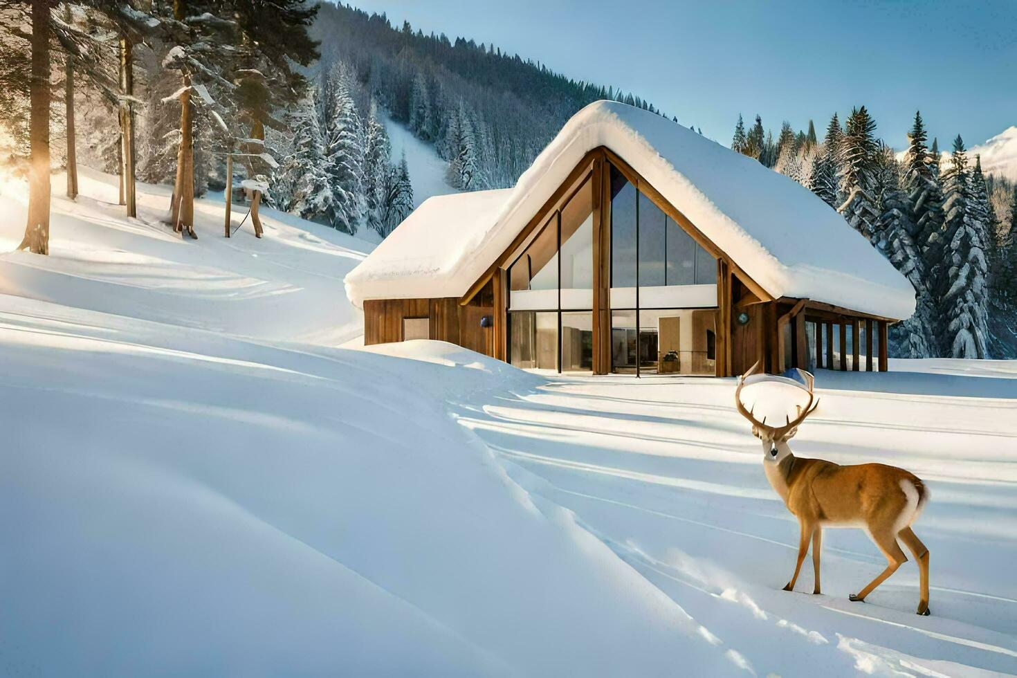 a deer stands in front of a cabin in the snow. AI-Generated photo