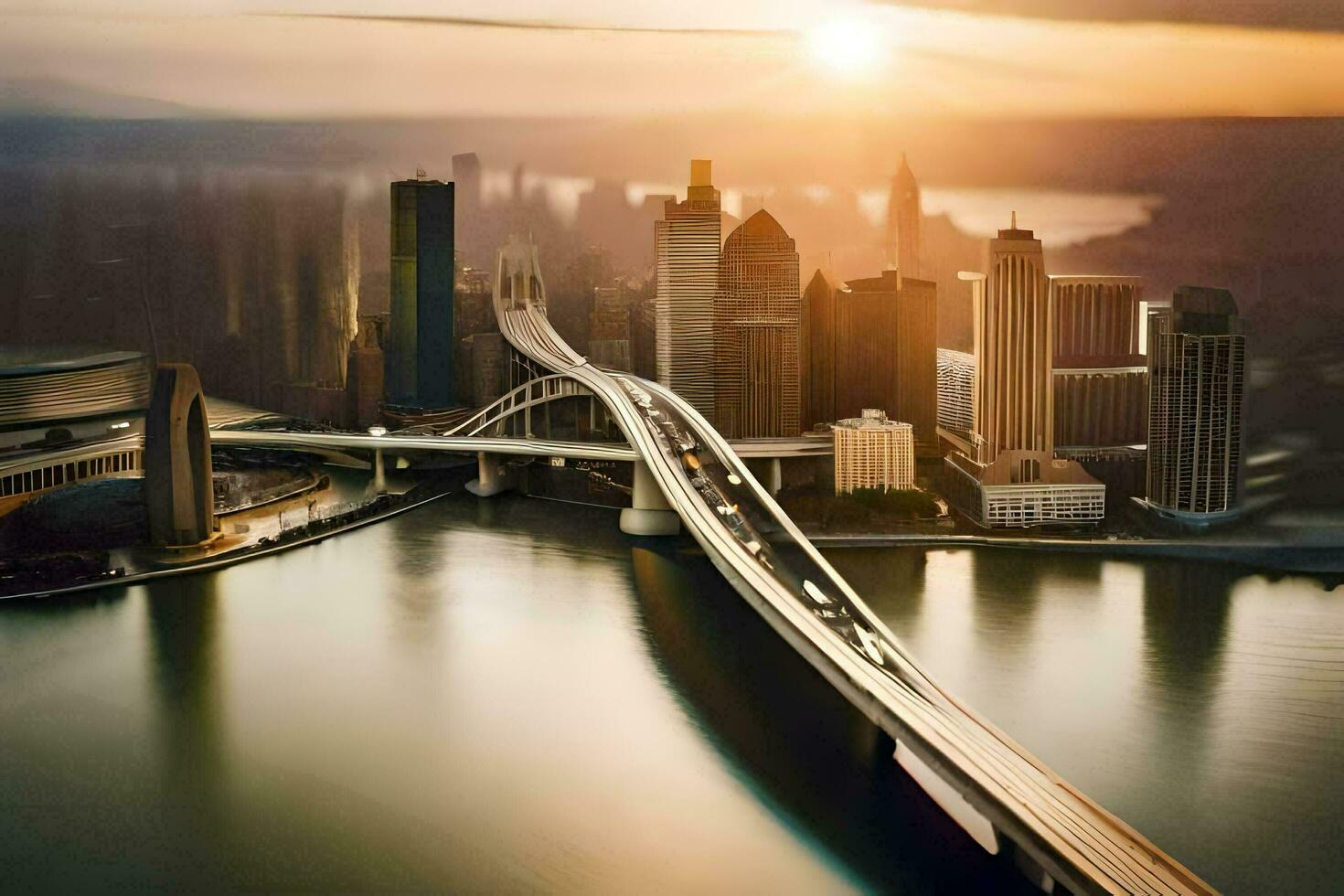 a city skyline with a bridge over water. AI-Generated photo